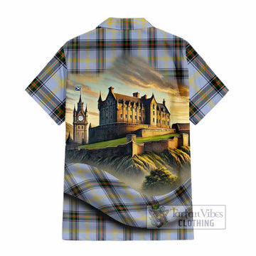 Tartan Vibes Clothing Bell Tartan Family Crest Short Sleeve Button Shirt with Scottish Ancient Castle Style