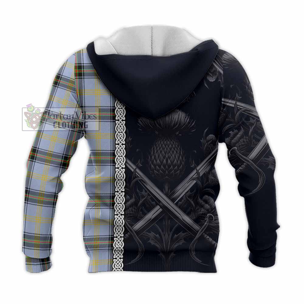 Tartan Vibes Clothing Bell Tartan Knitted Hoodie with Family Crest Cross Sword Thistle Celtic Vibes
