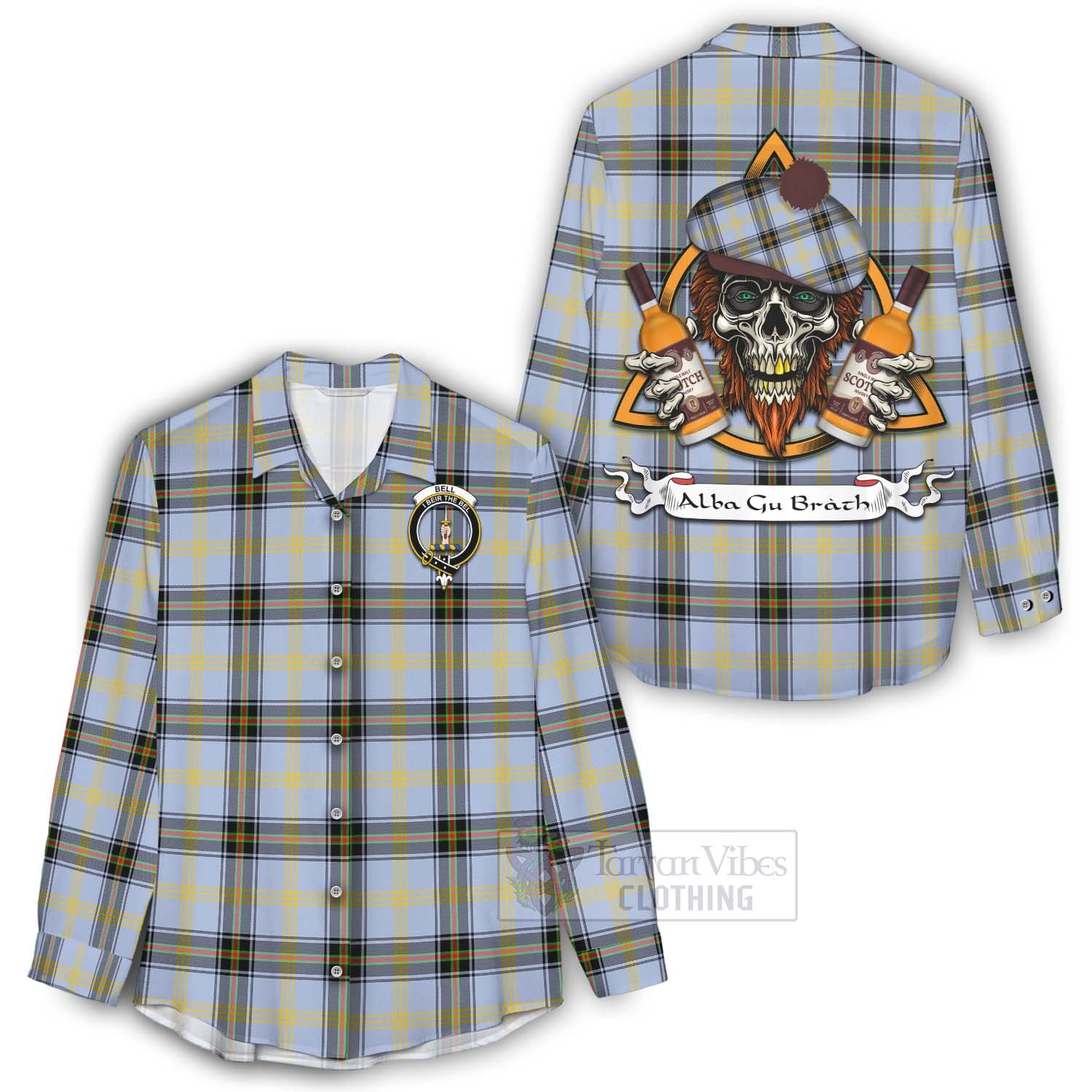 Tartan Vibes Clothing Bell Tartan Women's Casual Shirt with Family Crest and Bearded Skull Holding Bottles of Whiskey
