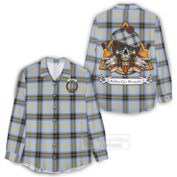 Tartan Vibes Clothing Bell Tartan Women's Casual Shirt with Family Crest and Bearded Skull Holding Bottles of Whiskey