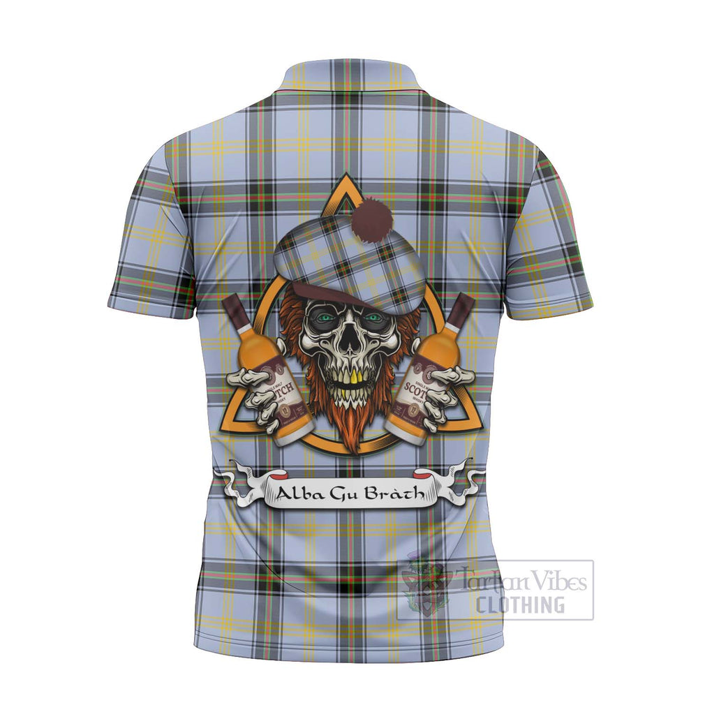 Tartan Vibes Clothing Bell Tartan Zipper Polo Shirt with Family Crest and Bearded Skull Holding Bottles of Whiskey