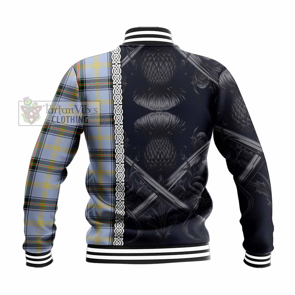 Tartan Vibes Clothing Bell Tartan Baseball Jacket with Family Crest Cross Sword Thistle Celtic Vibes