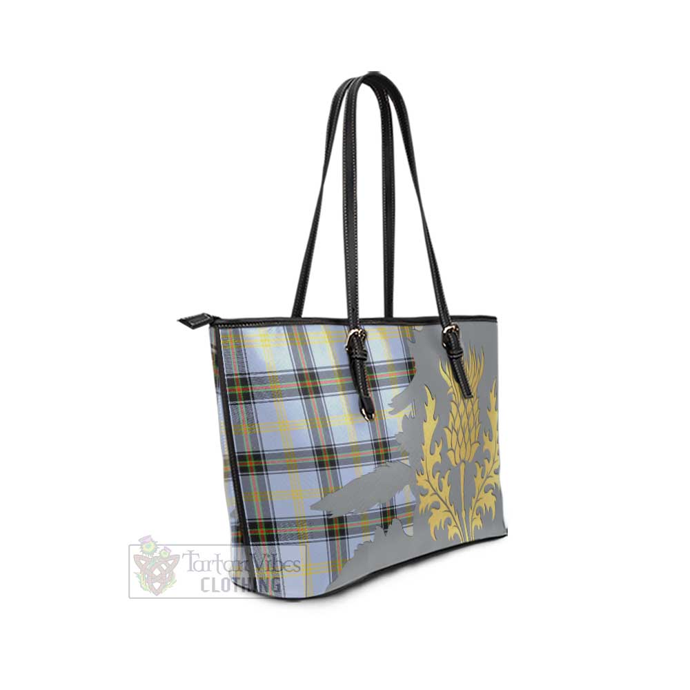 Tartan Vibes Clothing Bell Tartan Leather Tote Bag Gold Thistle Style