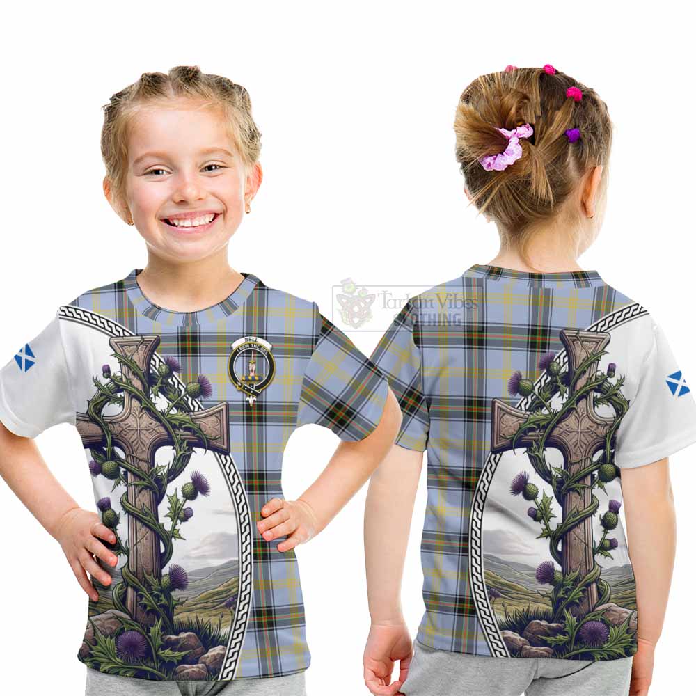 Tartan Vibes Clothing Bell Tartan Kid T-Shirt with Family Crest and St. Andrew's Cross Accented by Thistle Vines