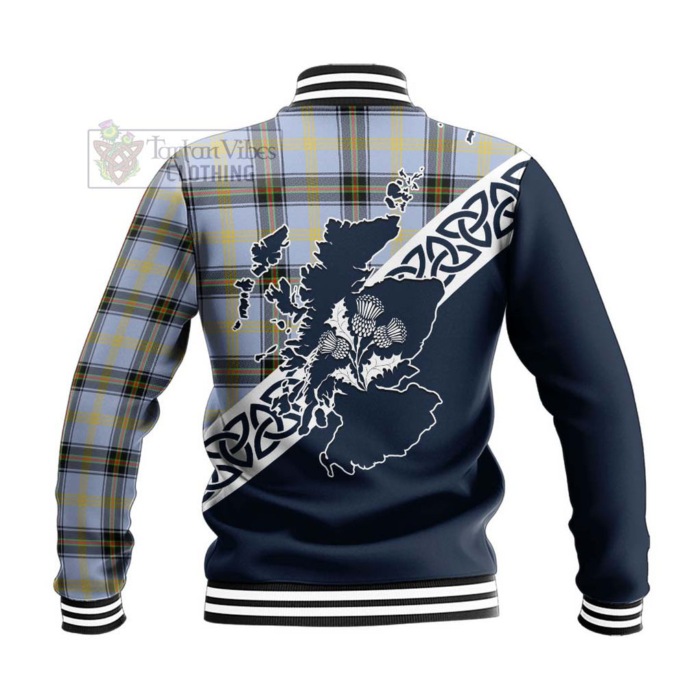 Tartan Vibes Clothing Bell Tartan Baseball Jacket Featuring Thistle and Scotland Map