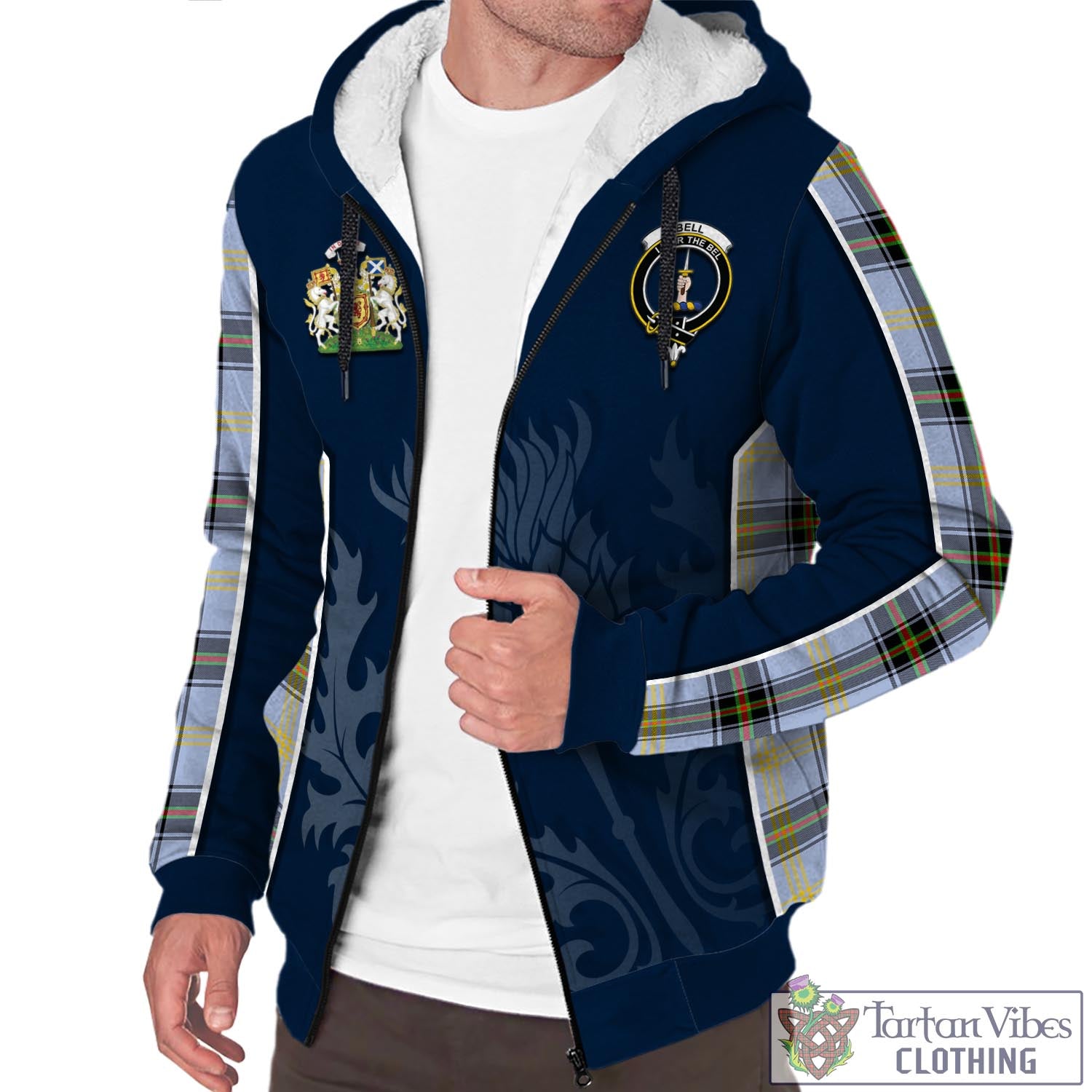Tartan Vibes Clothing Bell Tartan Sherpa Hoodie with Family Crest and Scottish Thistle Vibes Sport Style