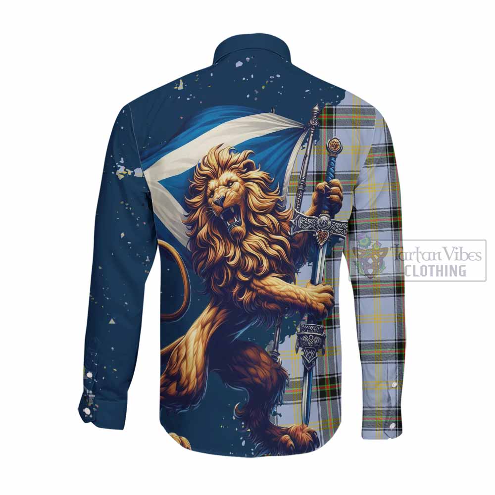 Tartan Vibes Clothing Bell Tartan Family Crest Long Sleeve Button Shirt with Scottish Majestic Lion