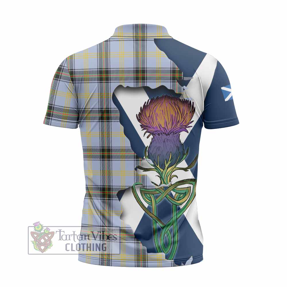 Tartan Vibes Clothing Bell Tartan Family Crest Zipper Polo Shirt Scottish Thistle Celtic Inspired