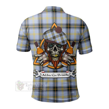 Bell Tartan Polo Shirt with Family Crest and Bearded Skull Holding Bottles of Whiskey - Tartan Vibes Clothing
