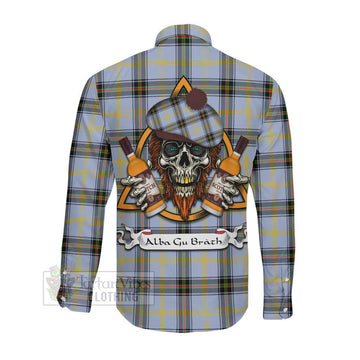 Bell Tartan Long Sleeve Button Shirt with Family Crest and Bearded Skull Holding Bottles of Whiskey
