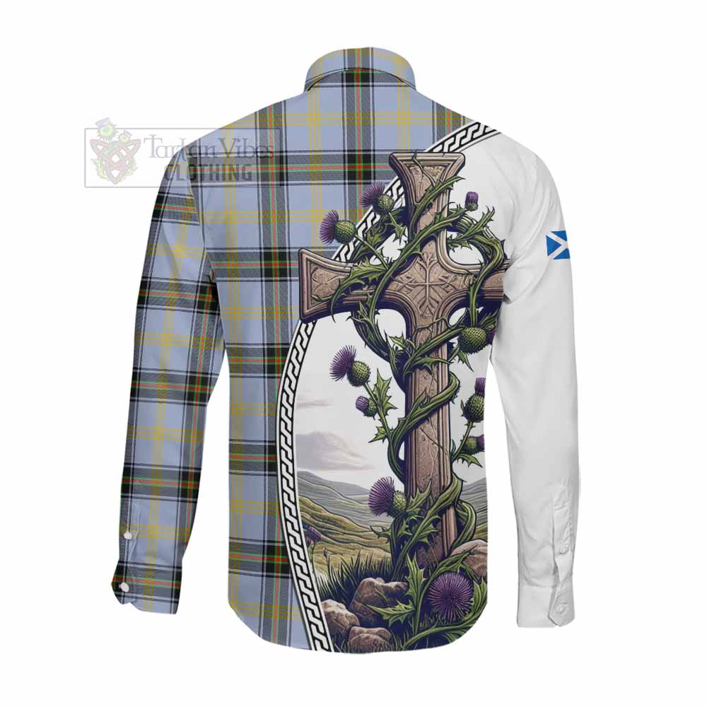 Tartan Vibes Clothing Bell Tartan Long Sleeve Button Shirt with Family Crest and St. Andrew's Cross Accented by Thistle Vines