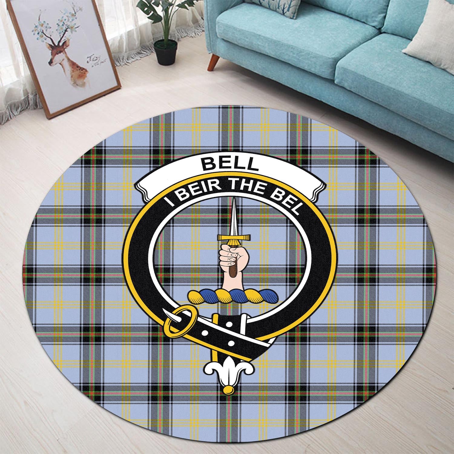 Bell Tartan Round Rug with Family Crest - Tartanvibesclothing