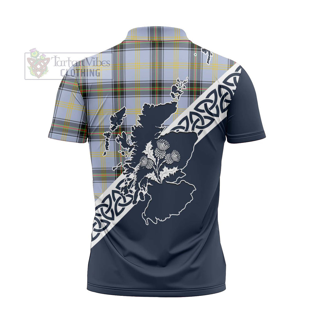 Bell Tartan Zipper Polo Shirt Featuring Thistle and Scotland Map - Tartanvibesclothing Store