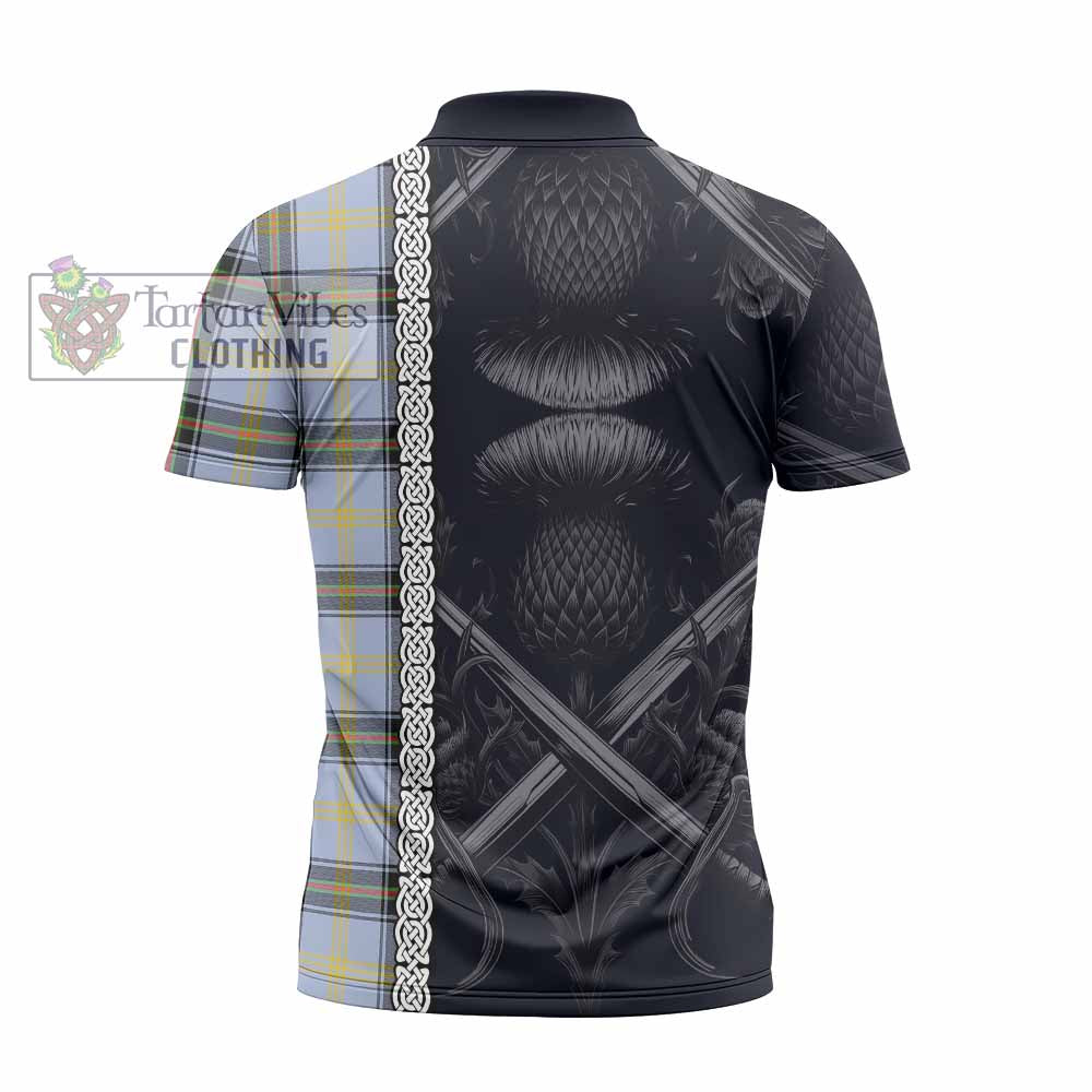 Tartan Vibes Clothing Bell Tartan Zipper Polo Shirt with Family Crest Cross Sword Thistle Celtic Vibes