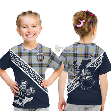 Tartan Vibes Clothing Bell Tartan Kid T-Shirt Featuring Thistle and Scotland Map