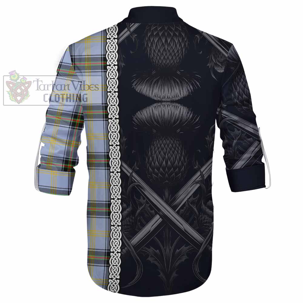Tartan Vibes Clothing Bell Tartan Ghillie Kilt Shirt with Family Crest Cross Sword Thistle Celtic Vibes