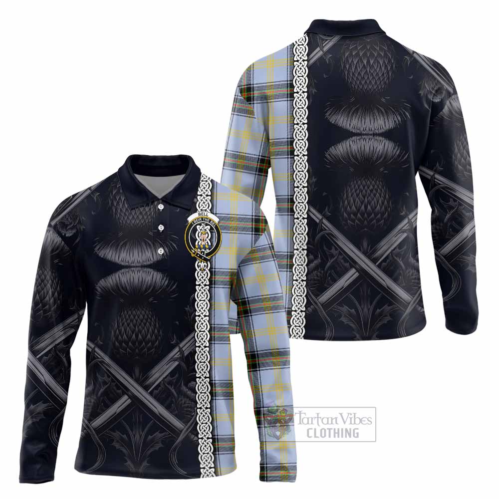 Tartan Vibes Clothing Bell Tartan Long Sleeve Polo Shirt with Family Crest Cross Sword Thistle Celtic Vibes