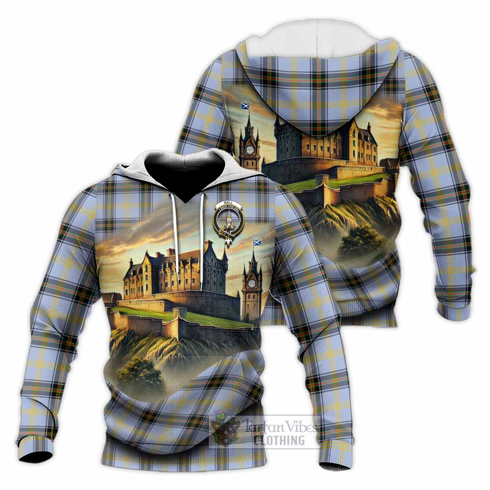 Tartan Vibes Clothing Bell Tartan Family Crest Knitted Hoodie with Scottish Ancient Castle Style