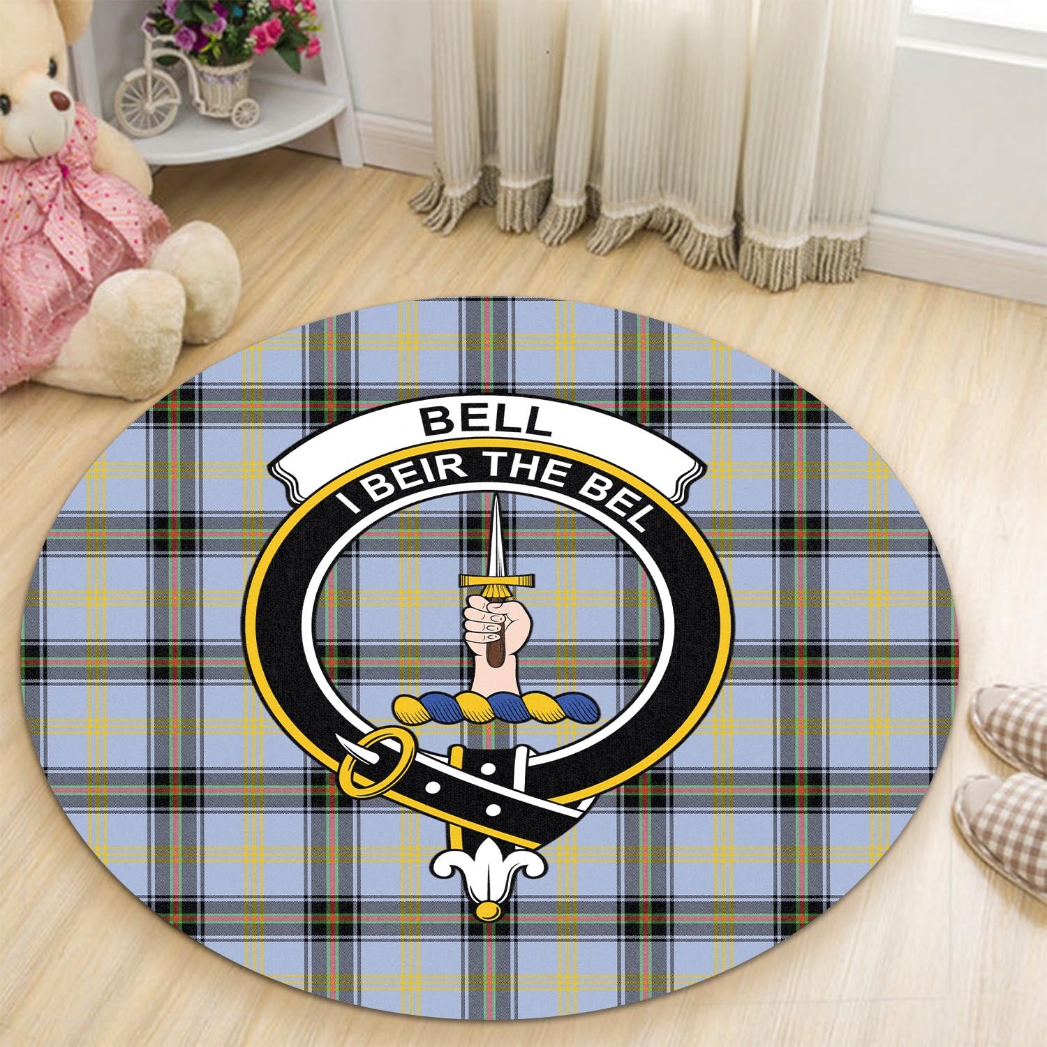 Bell Tartan Round Rug with Family Crest - Tartanvibesclothing