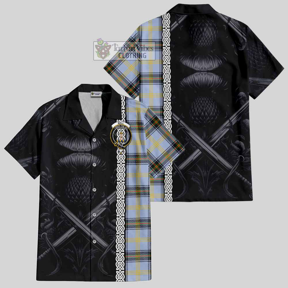 Tartan Vibes Clothing Bell Tartan Short Sleeve Button Shirt with Family Crest Cross Sword Thistle Celtic Vibes