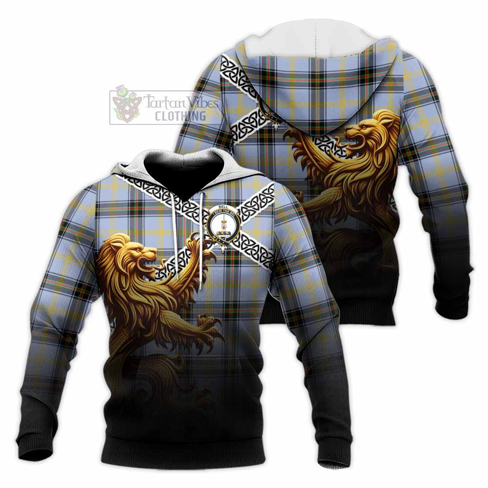 Tartan Vibes Clothing Bell Crest Tartan Knitted Hoodie with Golden Lion Emblem Celtic Style