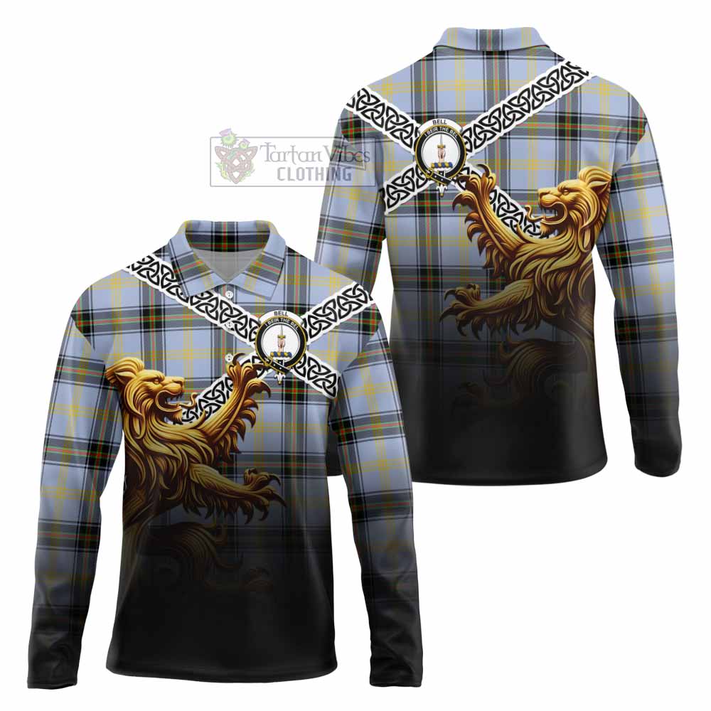 Tartan Vibes Clothing Bell Crest Tartan Long Sleeve Polo Shirt with Golden Lion Emblem Celtic Style