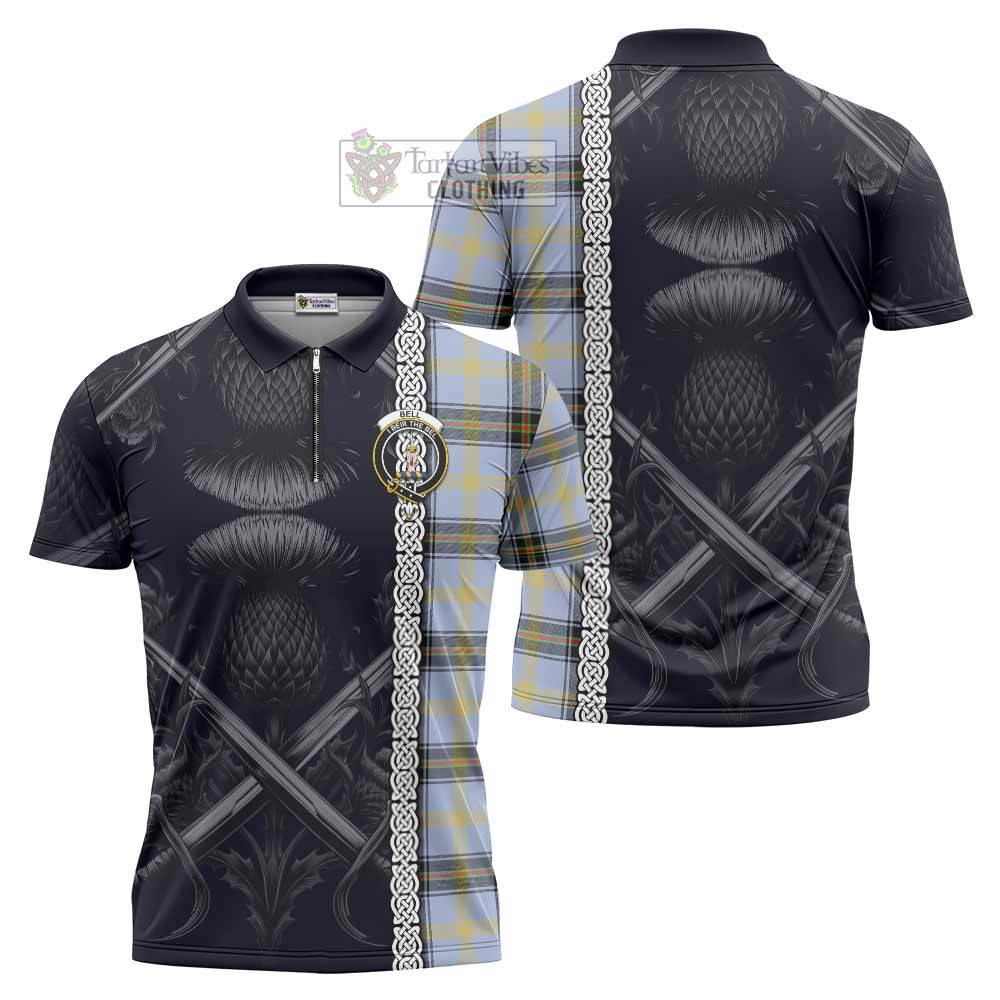 Tartan Vibes Clothing Bell Tartan Zipper Polo Shirt with Family Crest Cross Sword Thistle Celtic Vibes