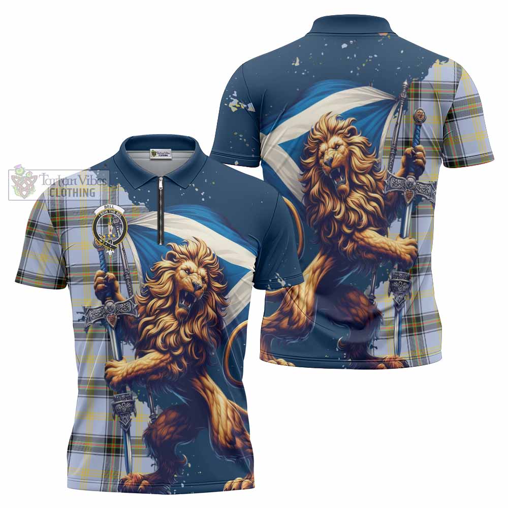 Tartan Vibes Clothing Bell Tartan Family Crest Zipper Polo Shirt with Scottish Majestic Lion