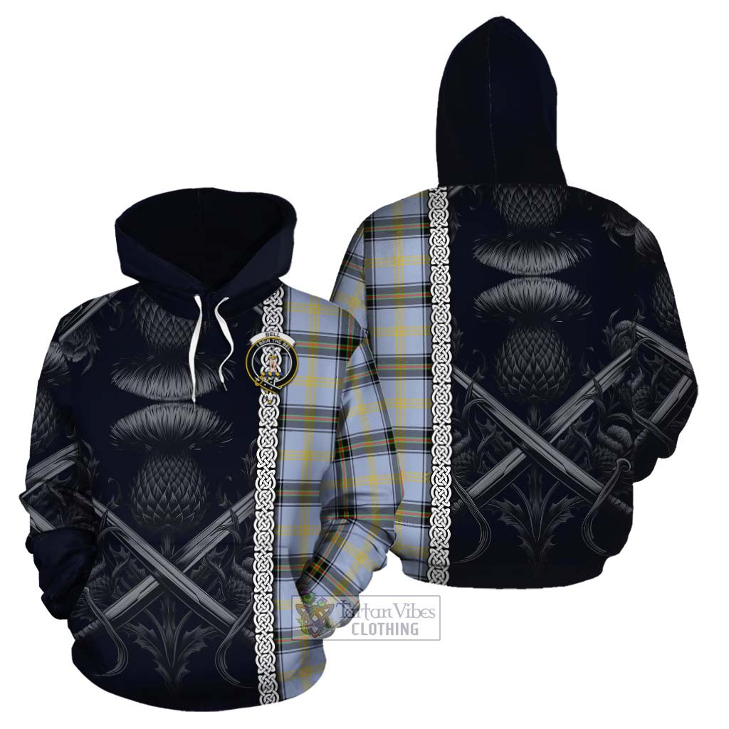 Tartan Vibes Clothing Bell Tartan Cotton Hoodie with Family Crest Cross Sword Thistle Celtic Vibes