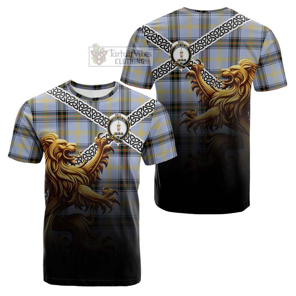Tartan Vibes Clothing Bell Crest Tartan Cotton T-shirt with Golden Lion Emblem Celtic Style