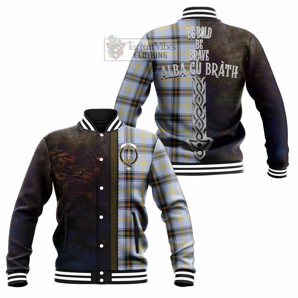 Tartan Vibes Clothing Bell Tartan Family Crest Baseball Jacket Alba Gu Brath Be Brave Lion Ancient Style
