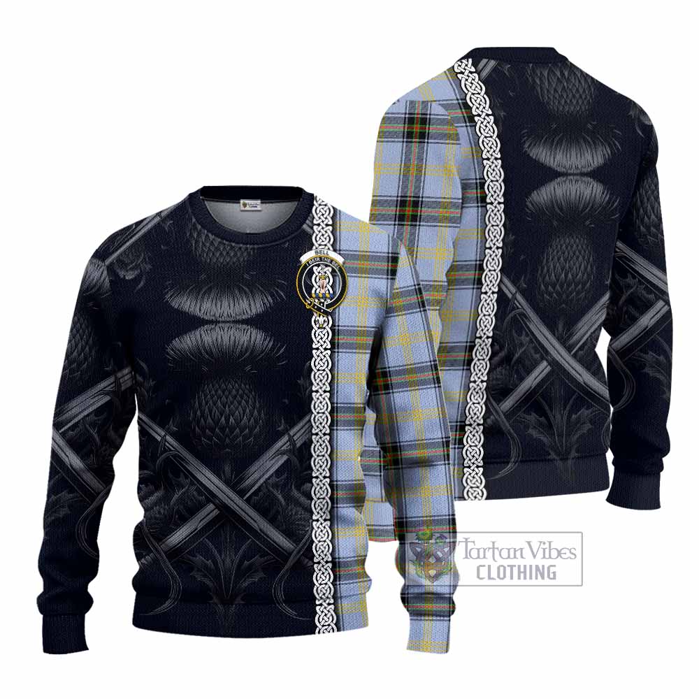 Tartan Vibes Clothing Bell Tartan Knitted Sweater with Family Crest Cross Sword Thistle Celtic Vibes