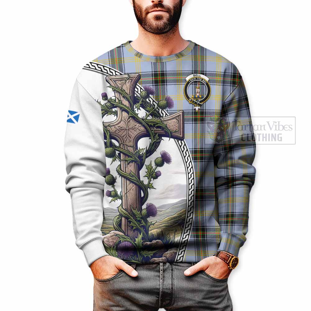 Tartan Vibes Clothing Bell Tartan Sweatshirt with Family Crest and St. Andrew's Cross Accented by Thistle Vines