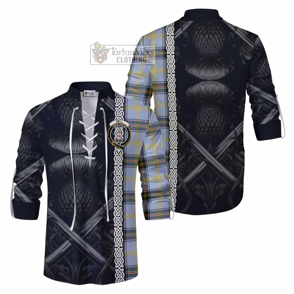 Tartan Vibes Clothing Bell Tartan Ghillie Kilt Shirt with Family Crest Cross Sword Thistle Celtic Vibes