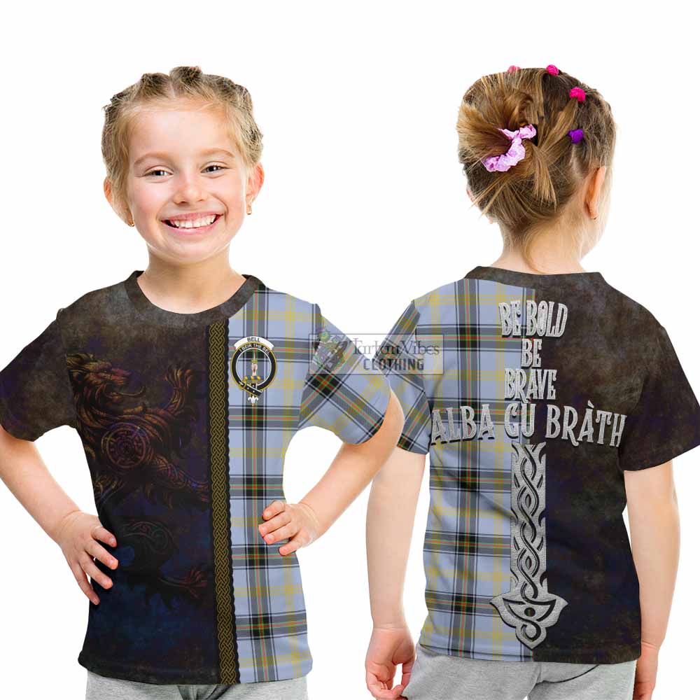 Tartan Vibes Clothing Bell Tartan Family Crest Kid T-Shirt Alba Gu Brath Be Brave Lion Ancient Style