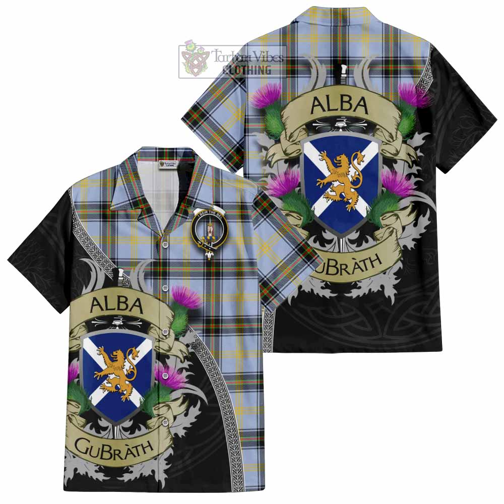 Tartan Vibes Clothing Bell Tartan Family Crest Short Sleeve Button Shirt Lion Rampant Royal Thistle Shield Celtic Inspired