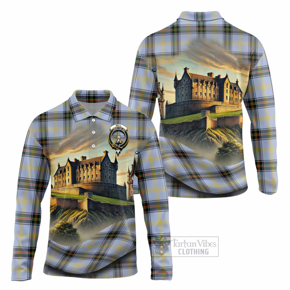 Tartan Vibes Clothing Bell Tartan Family Crest Long Sleeve Polo Shirt with Scottish Ancient Castle Style