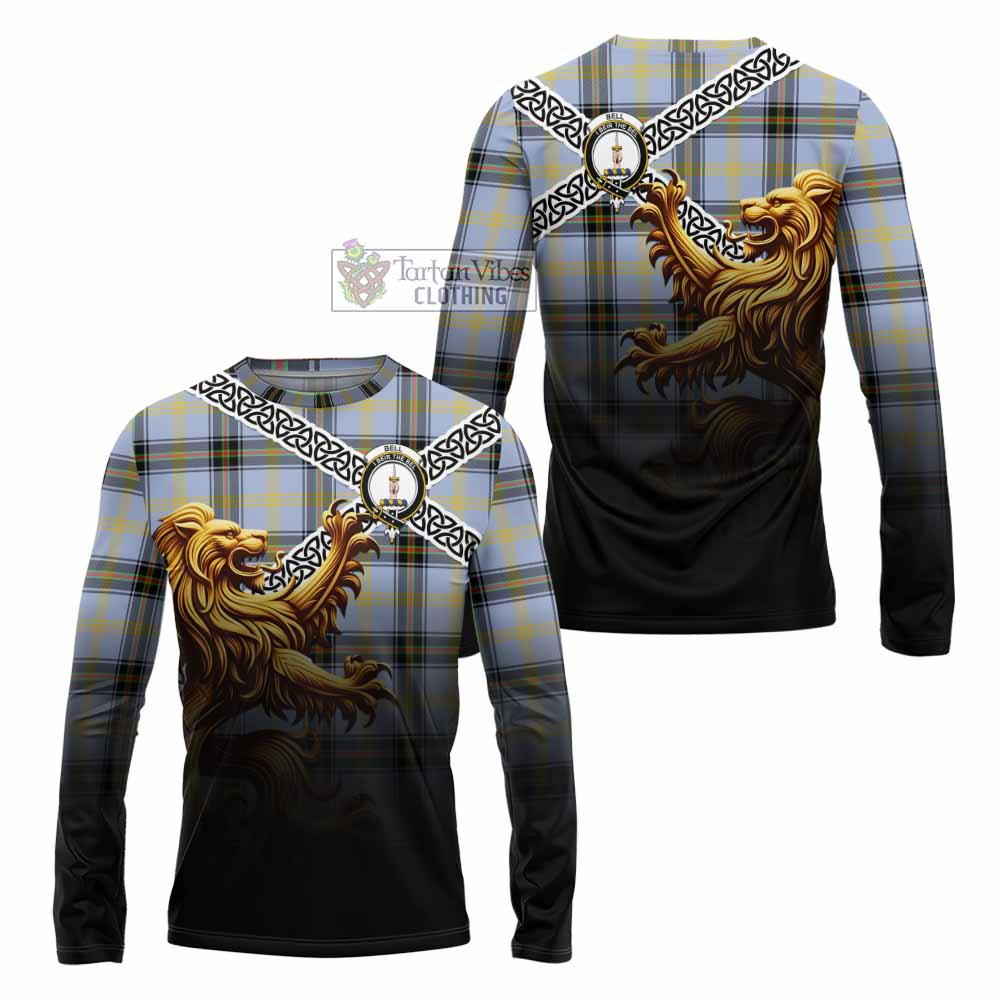 Tartan Vibes Clothing Bell Crest Tartan Long Sleeve T-Shirt with Golden Lion Emblem Celtic Style