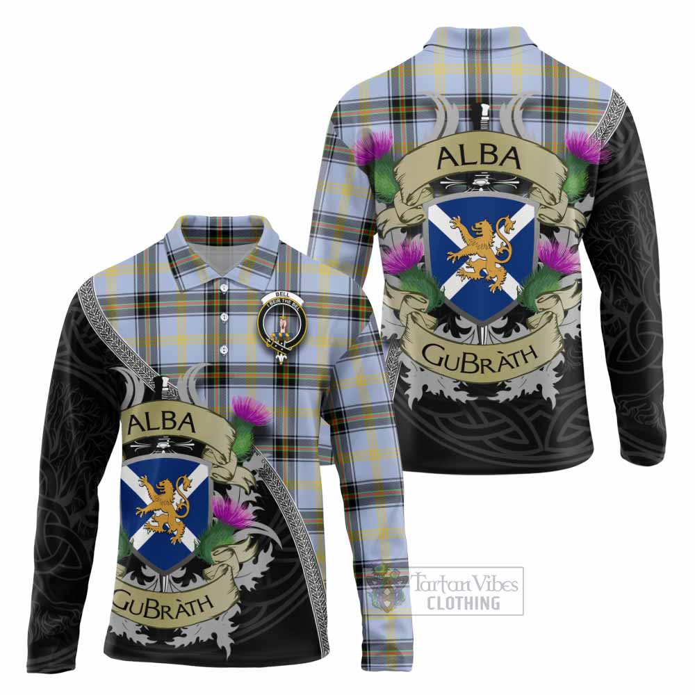 Tartan Vibes Clothing Bell Tartan Family Crest Long Sleeve Polo Shirt Lion Rampant Royal Thistle Shield Celtic Inspired