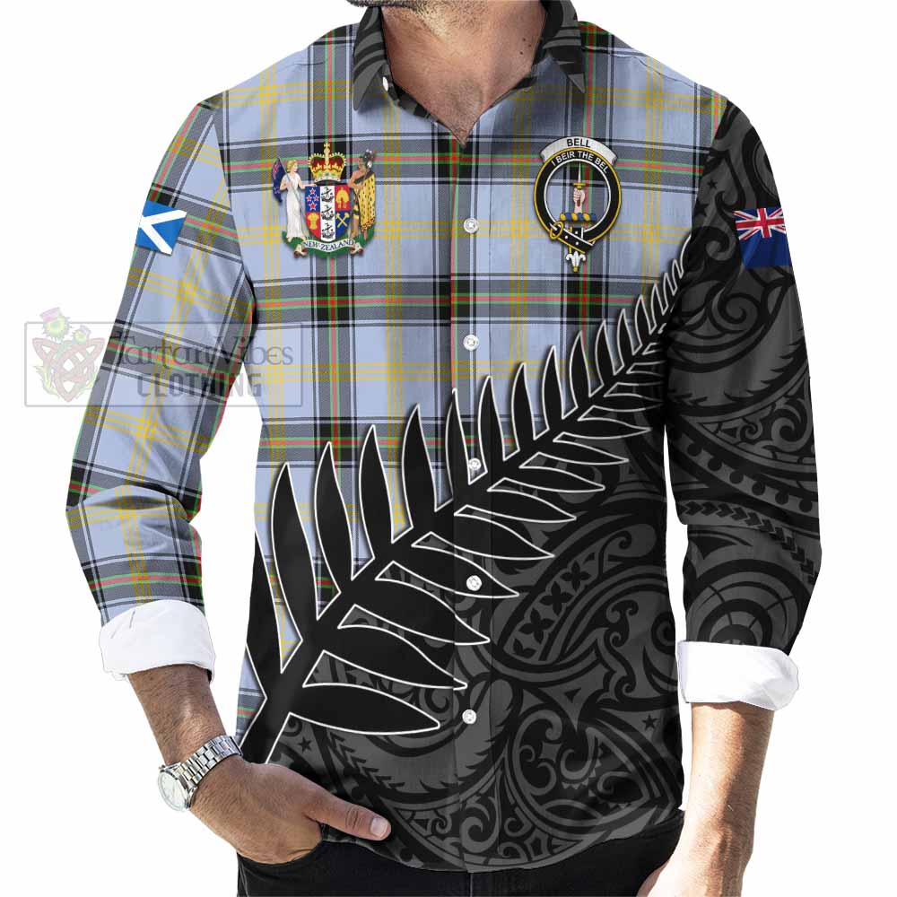 Tartan Vibes Clothing Bell Crest Tartan Long Sleeve Button Shirt with New Zealand Silver Fern Half Style