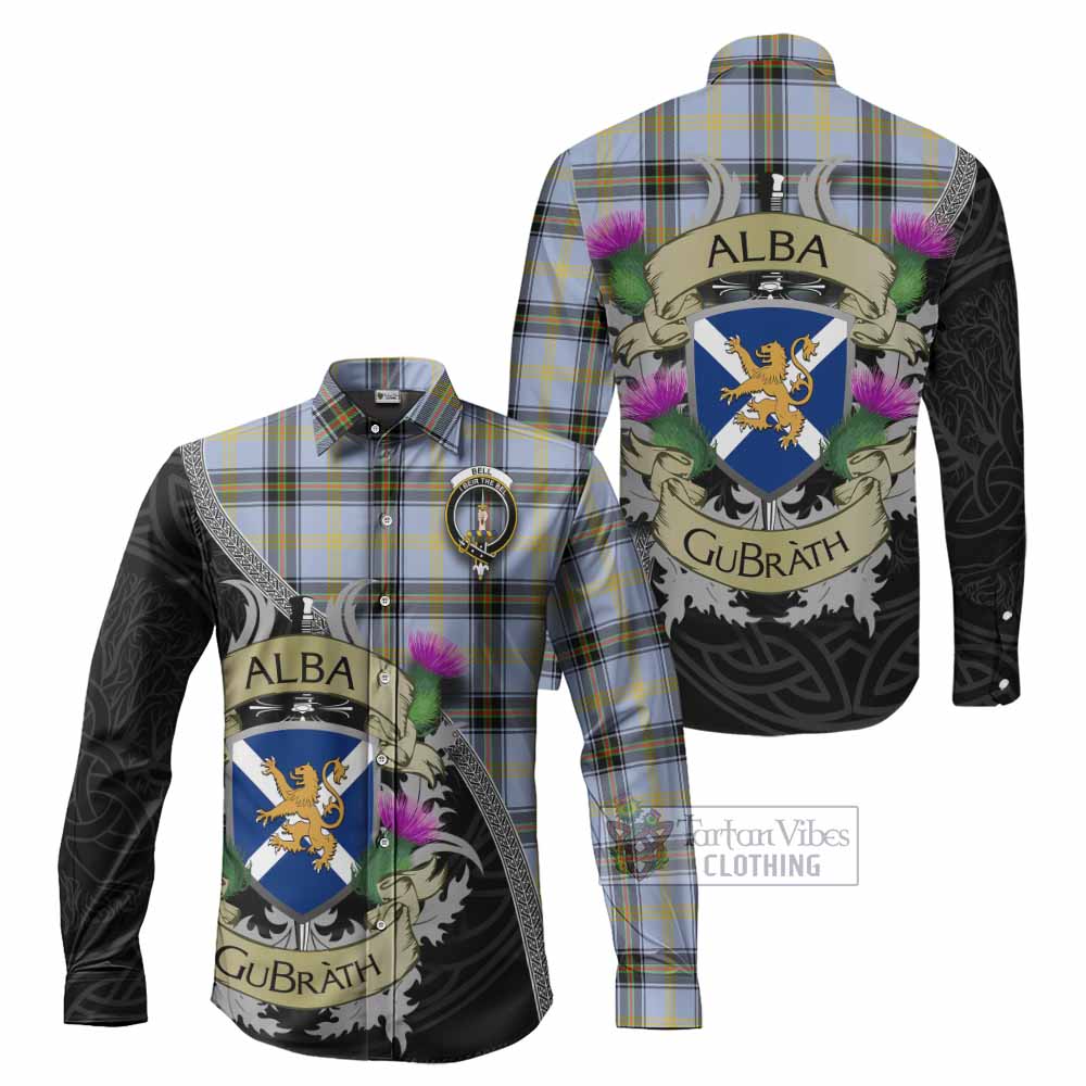 Tartan Vibes Clothing Bell Tartan Family Crest Long Sleeve Button Shirt Lion Rampant Royal Thistle Shield Celtic Inspired