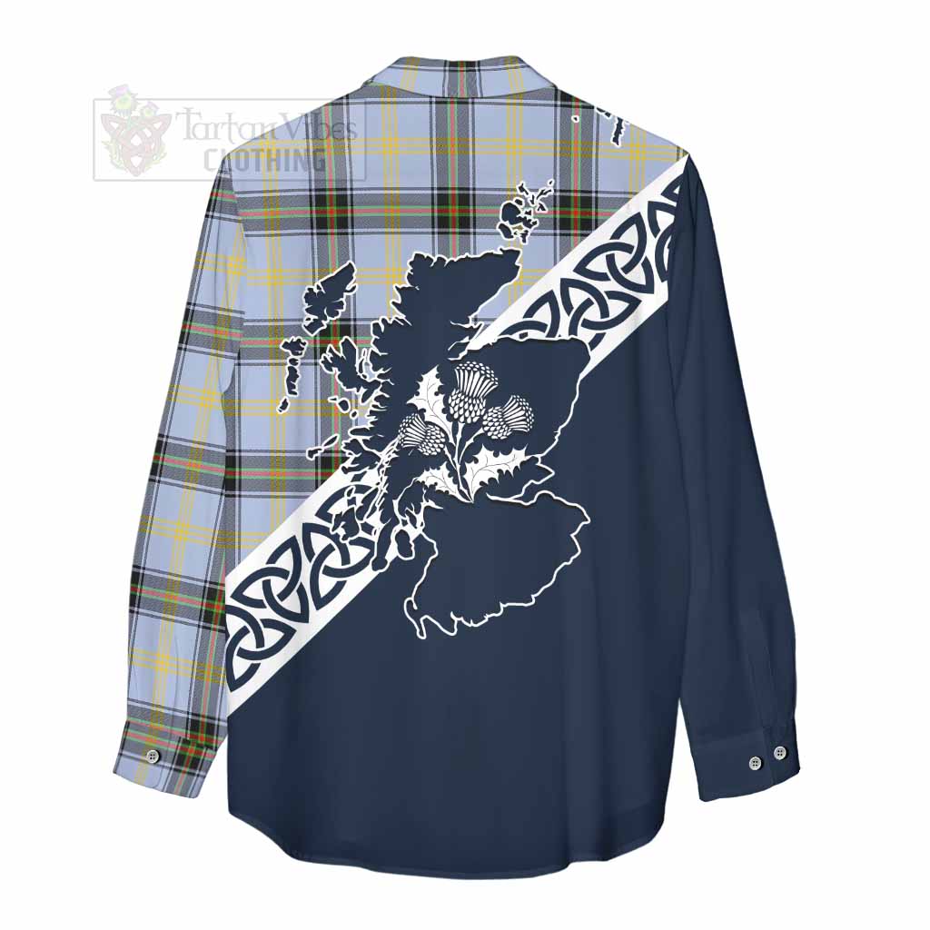 Tartan Vibes Clothing Bell Tartan Women's Casual Shirt Featuring Thistle and Scotland Map