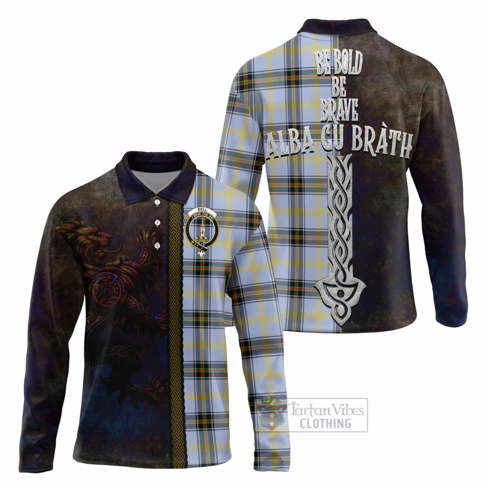 Tartan Vibes Clothing Bell Tartan Family Crest Long Sleeve Polo Shirt Alba Gu Brath Be Brave Lion Ancient Style