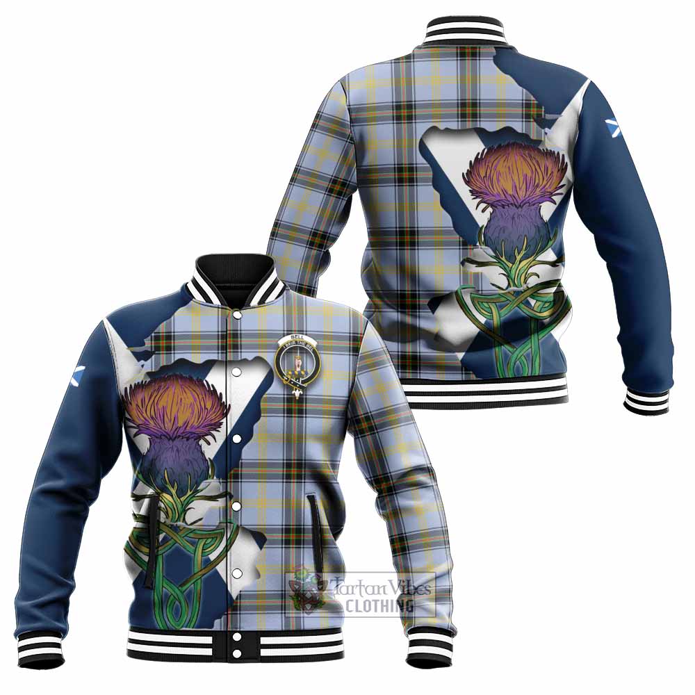 Tartan Vibes Clothing Bell Tartan Family Crest Baseball Jacket Scottish Thistle Celtic Inspired