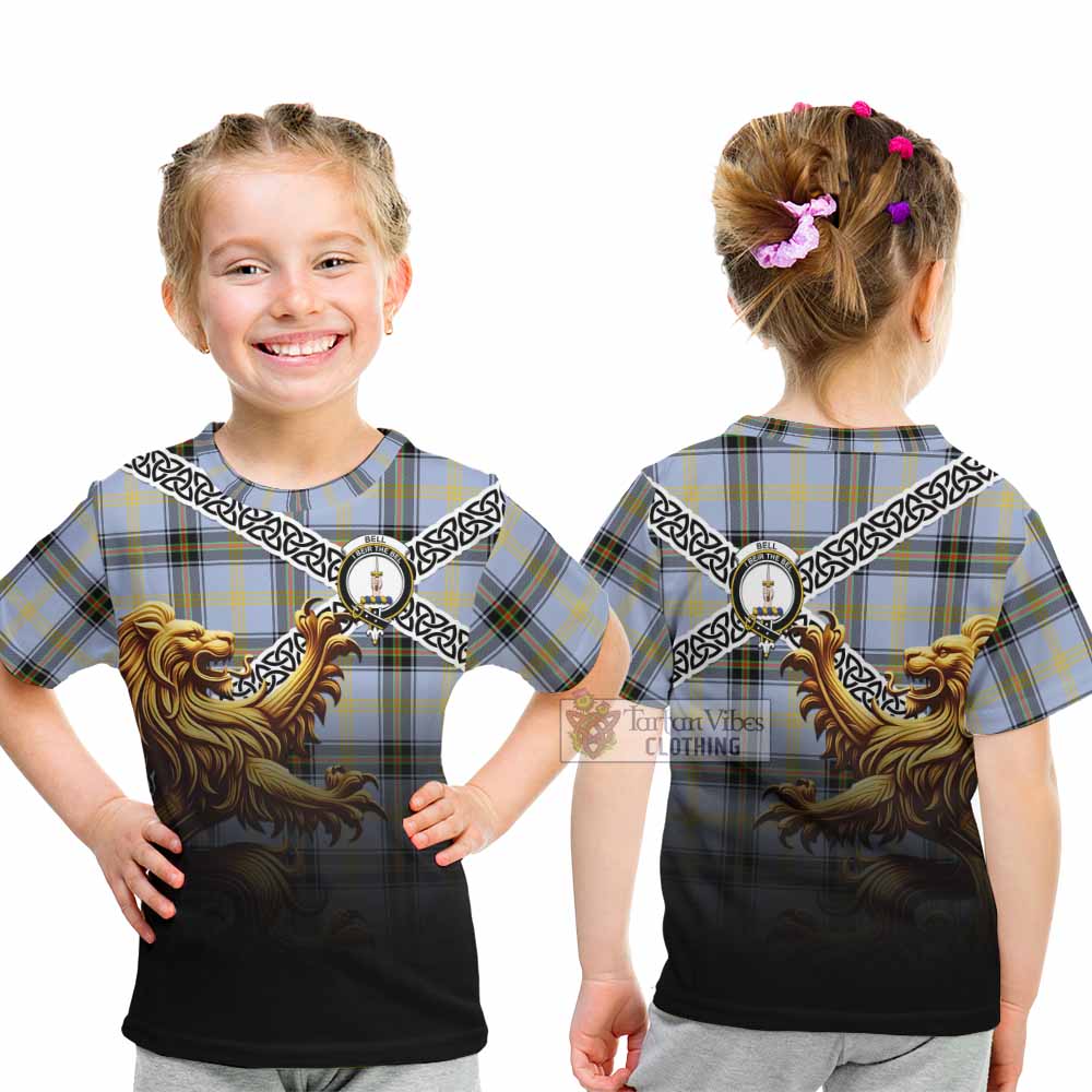Tartan Vibes Clothing Bell Crest Tartan Kid T-Shirt with Golden Lion Emblem Celtic Style