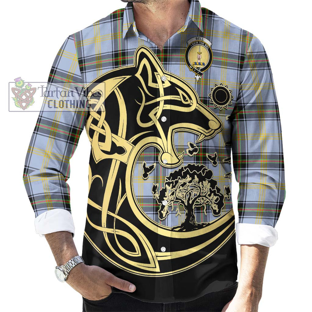 Bell Tartan Long Sleeve Button Shirt with Family Crest Celtic Wolf Style - Tartan Vibes Clothing