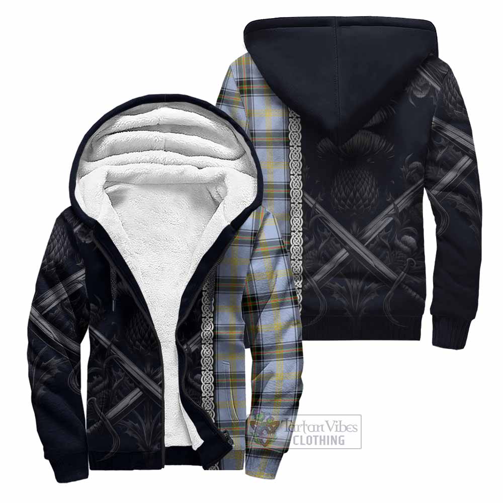Tartan Vibes Clothing Bell Tartan Sherpa Hoodie with Family Crest Cross Sword Thistle Celtic Vibes
