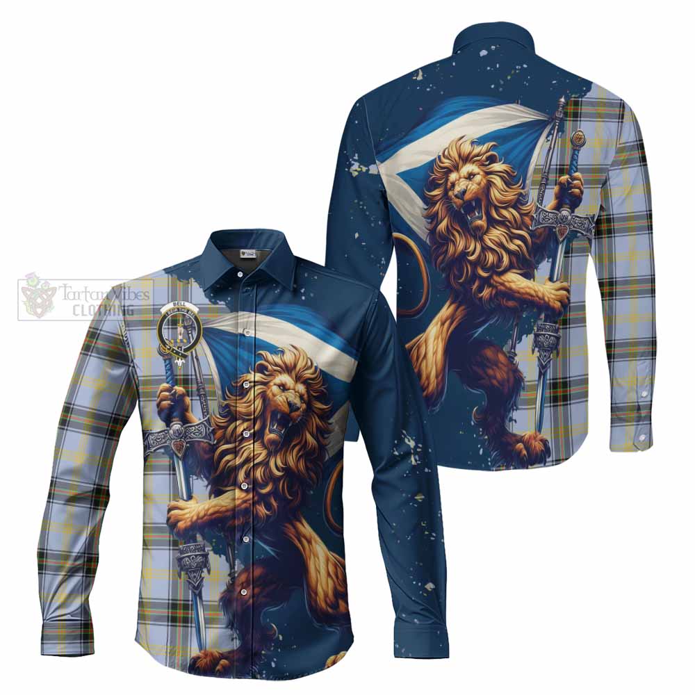 Tartan Vibes Clothing Bell Tartan Family Crest Long Sleeve Button Shirt with Scottish Majestic Lion