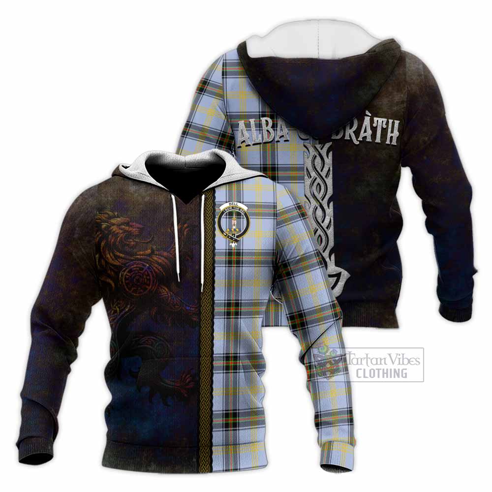 Tartan Vibes Clothing Bell Tartan Family Crest Knitted Hoodie Alba Gu Brath Be Brave Lion Ancient Style