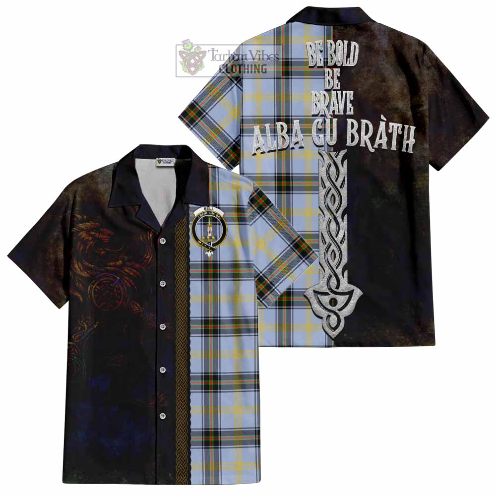 Tartan Vibes Clothing Bell Tartan Family Crest Short Sleeve Button Shirt Alba Gu Brath Be Brave Lion Ancient Style